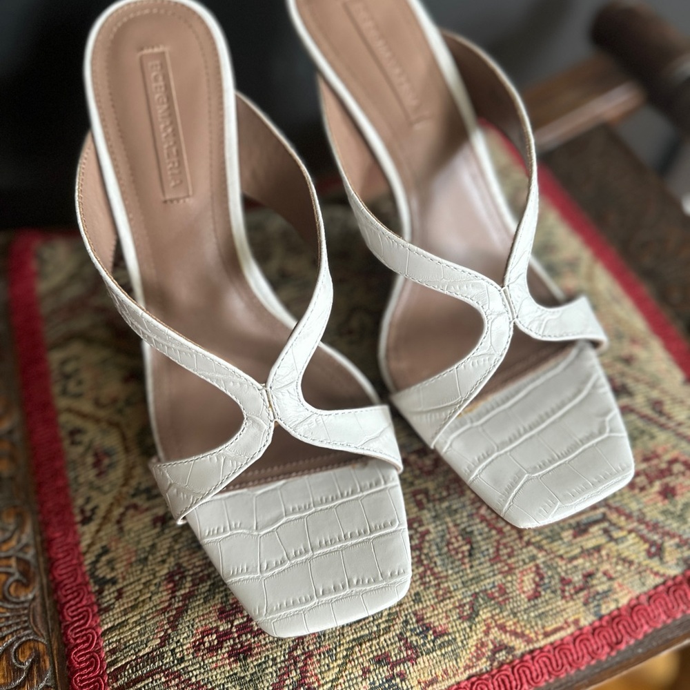 BCBGMaxAzria White Sandal Heels with Strappy Design